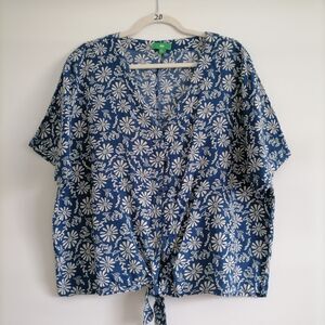 Dlp Women's Blue Floral Knot Front Button up V Neck Classy Top Size X-Large